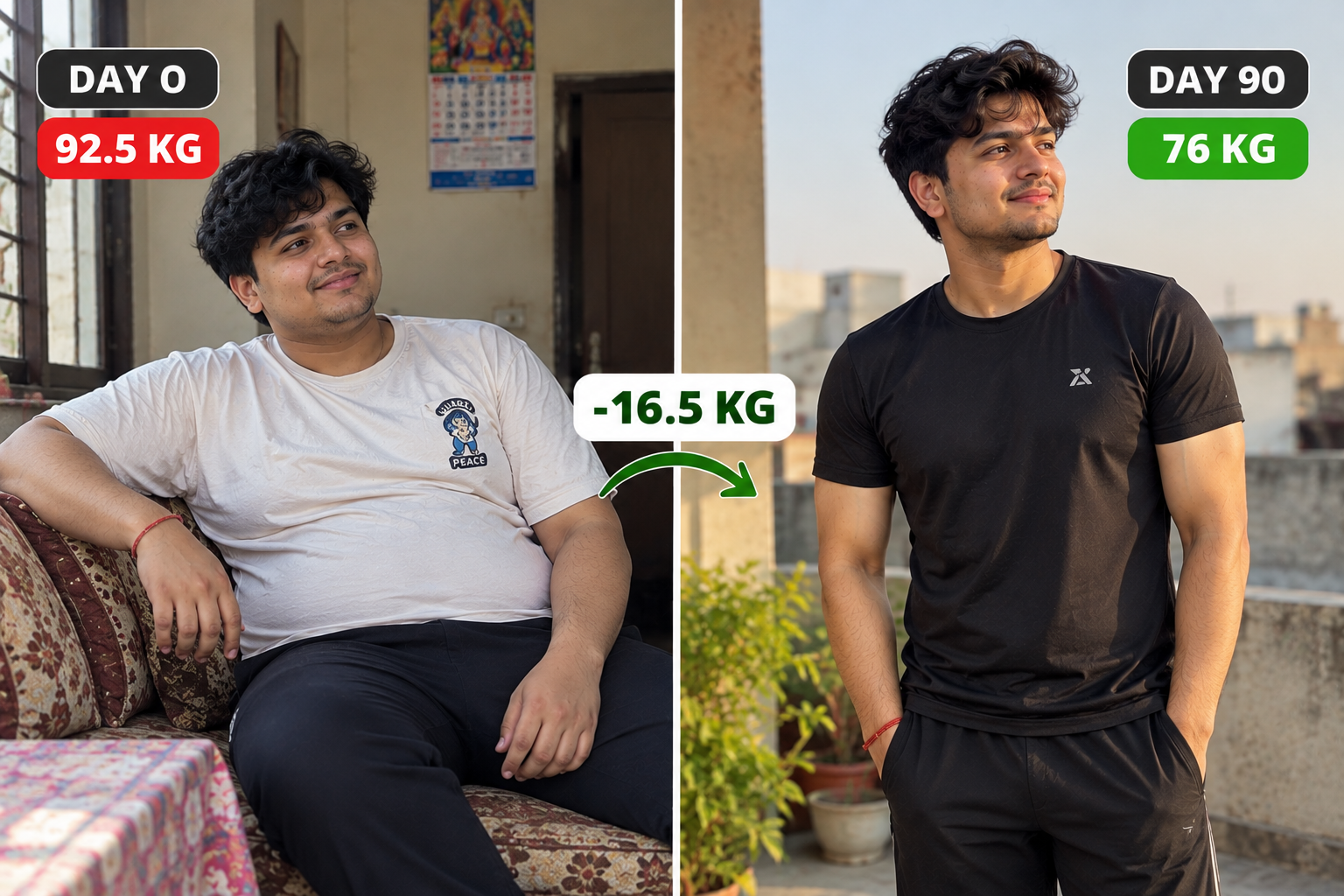 Customer before and after: 92.5 kg on day 0, 76 kg on day 90