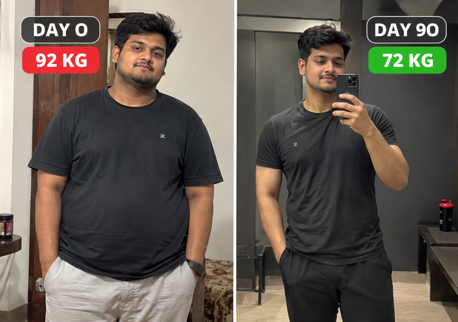 Customer before and after: 92 kg on day 0, 72 kg on day 90