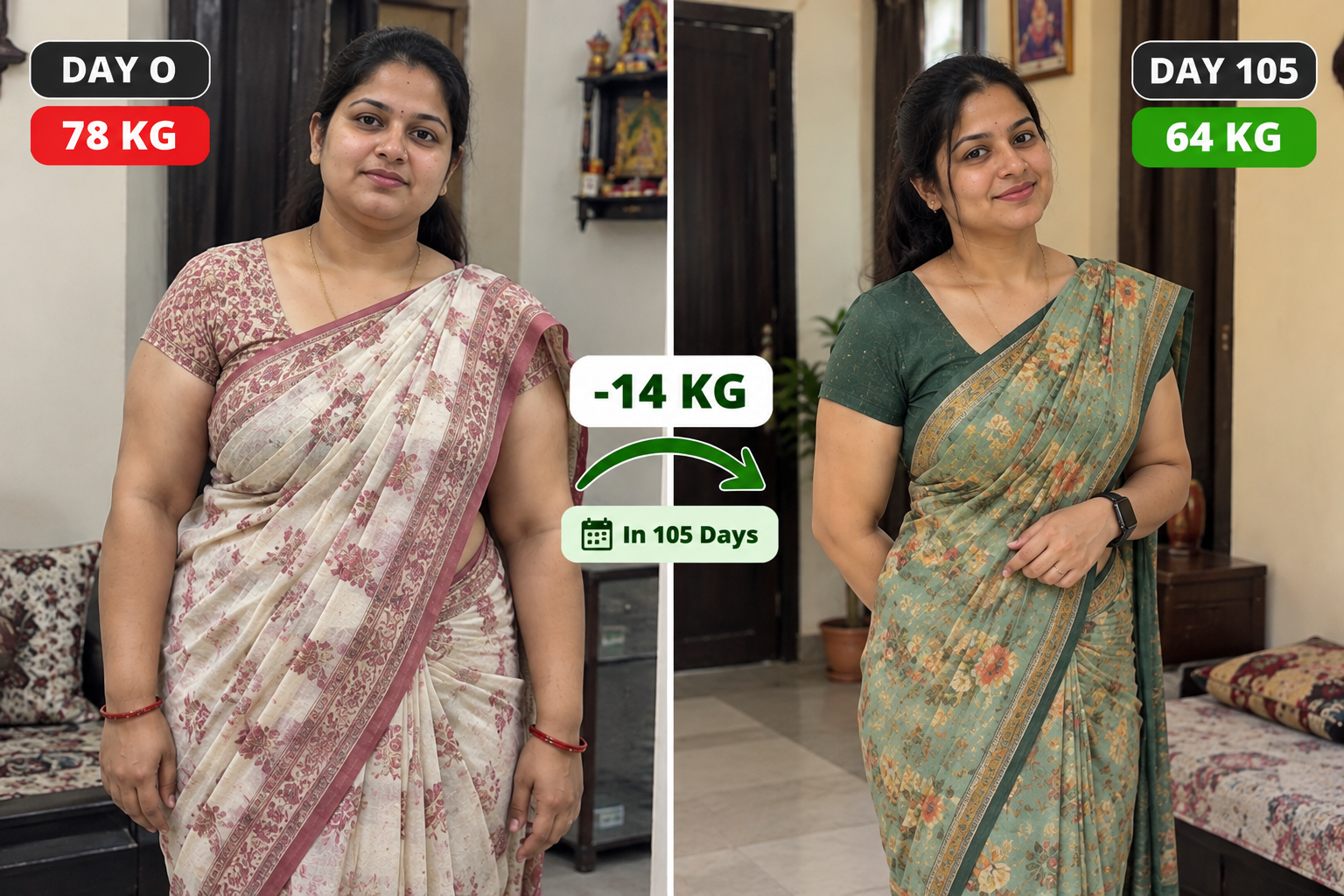 Customer before and after: 78 kg on day 0, 64 kg on day 105