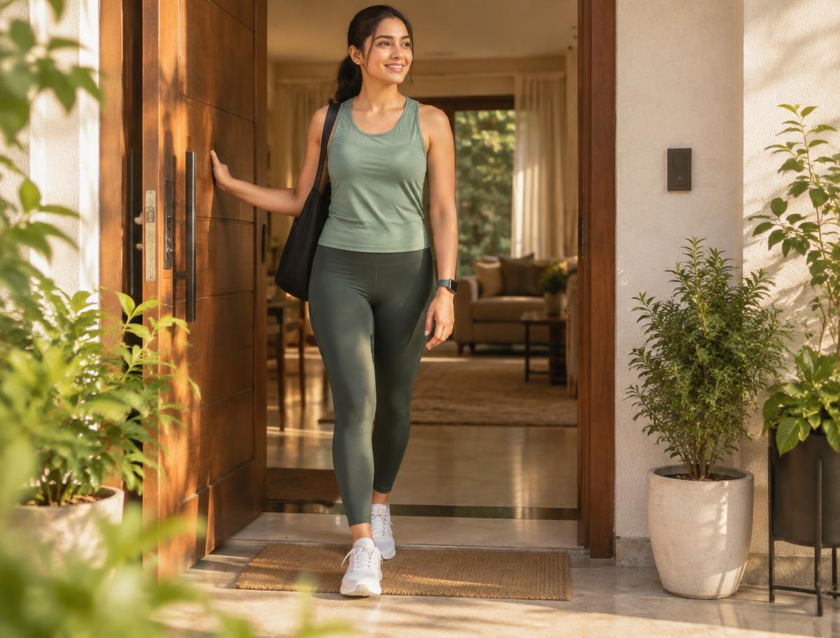 Woman stepping out for her morning walk
