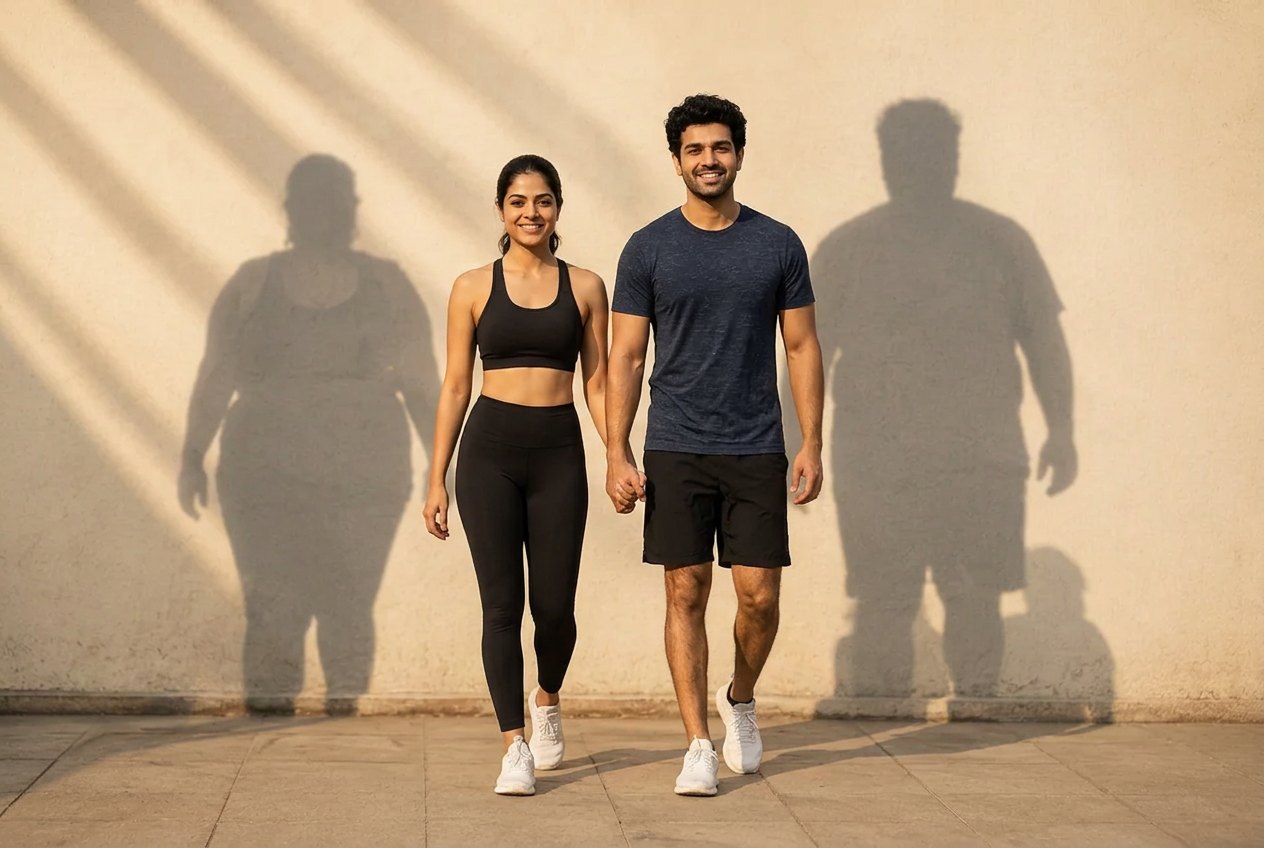 Illustrative couple walking in sunlight with larger shadows behind them